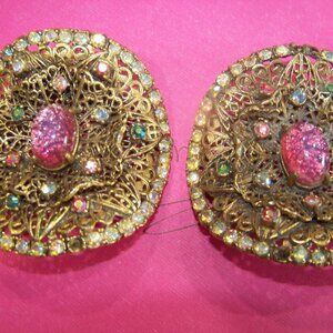 Vintage Signed MUSI Vintage Shoe Clips Gold Leaves Multicolor Cabochons Pink